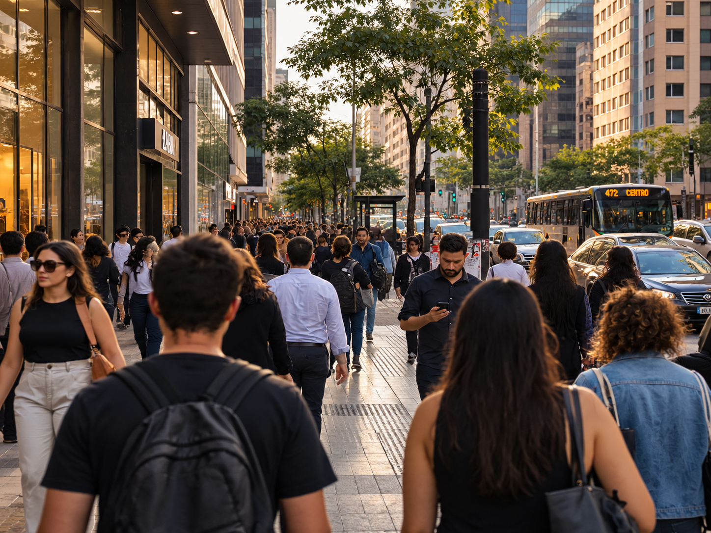 Movimento no centro ao entardecer